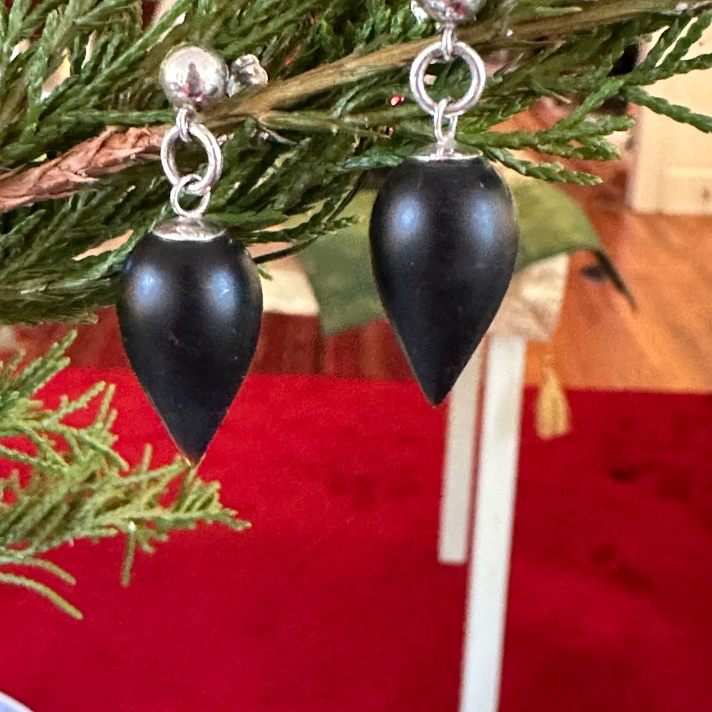 Frosted Black Onyx Pointed Drop, Sterling Silver Ball Post, Dangle Earrings